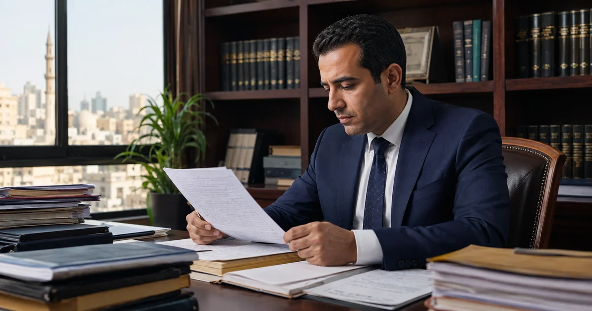 محامٍ يراجع الحكم الجنائي ومحاضر الجلسات لاستخراج أسباب الطعن بالنقض