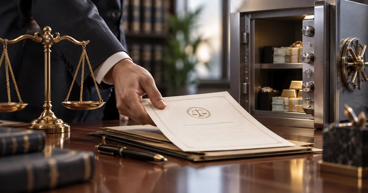 شخص يضع مستندًا قانونيًا على مكتب أمام خزنة مفتوحة وميزان العدالة في مشهد يعبر عن رفع التحفظ على الأموال
