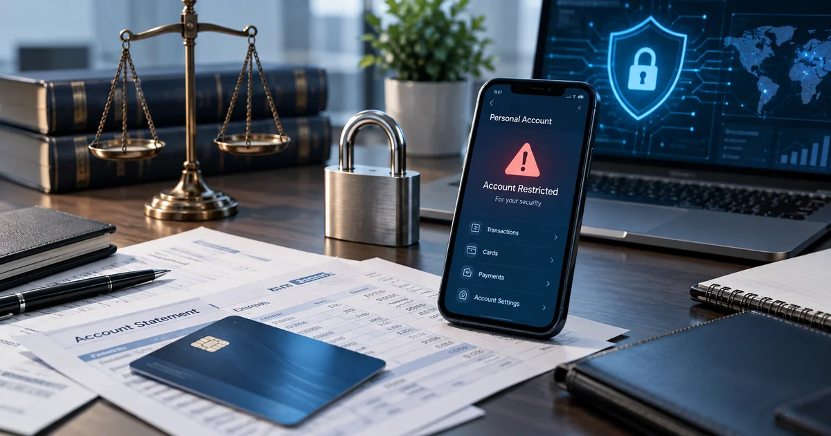 مراجعة قانونية لملف تجميد الحساب البنكي والمستندات المرتبطة بالمعاملات محل الفحص