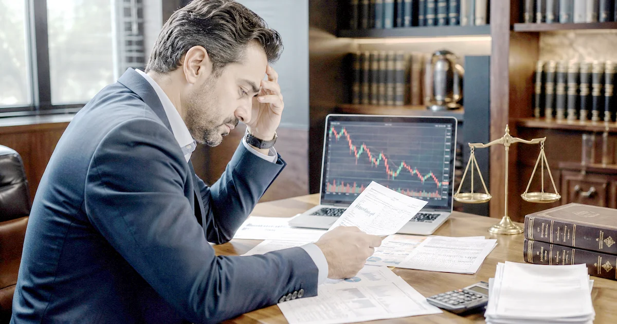مستثمر يراجع كشوف التداول والمستندات بعد التعرض لخسارة أو شبهة نصب في البورصة