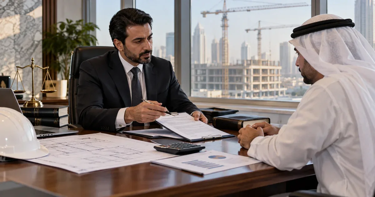 محامي يراجع خطاب ضمان وعقد مقاولة مع مستندات مشروع ونزاع تجاري.