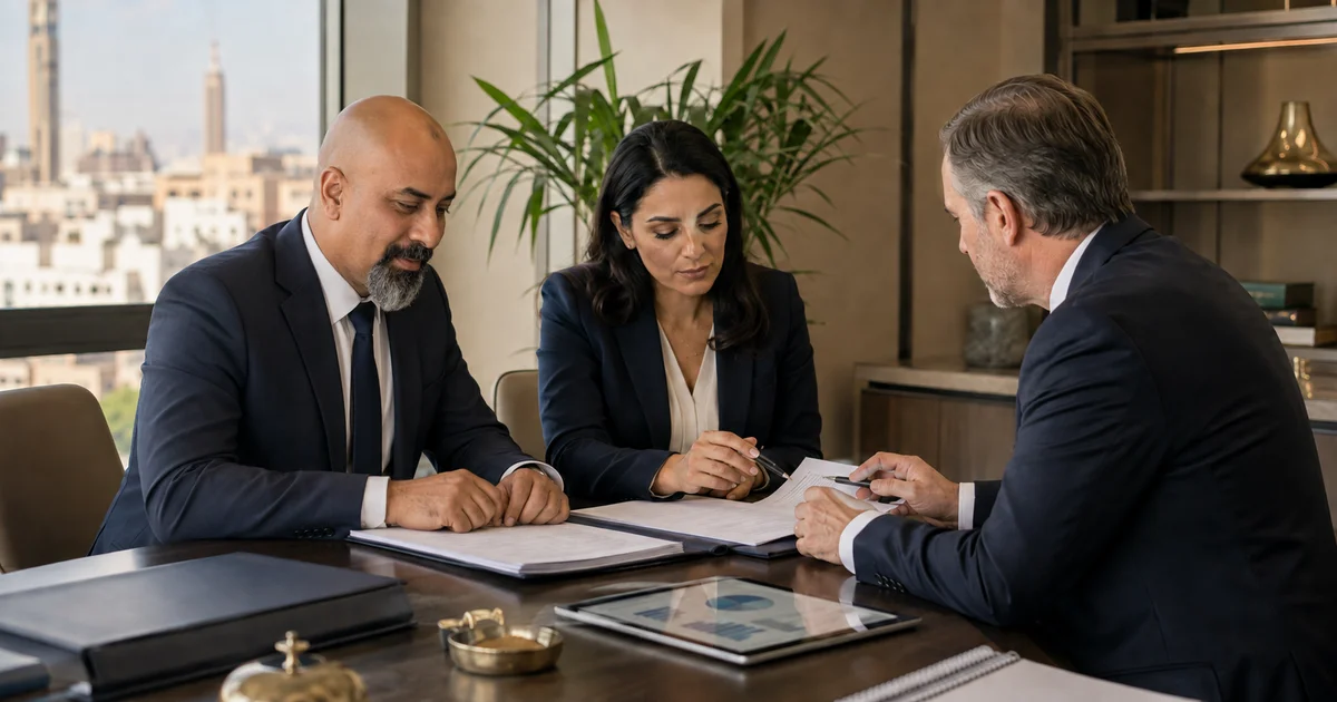 مستثمر مصري ومحامٍ يراجعان عقد دخول فرنشايز عالمي إلى مصر مع ممثل العلامة