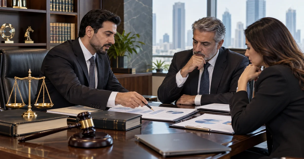 محامٍ يراجع مستندات وقرارات مجلس إدارة شركة مساهمة مع مساهمين لتقييم دعوى المسؤولية القانونية