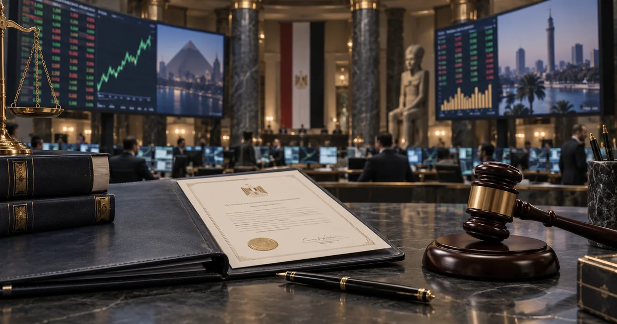 مستندات ترخيص شركة أوراق مالية مع مطرقة قاضٍ وشاشات تداول في سوق المال المصري