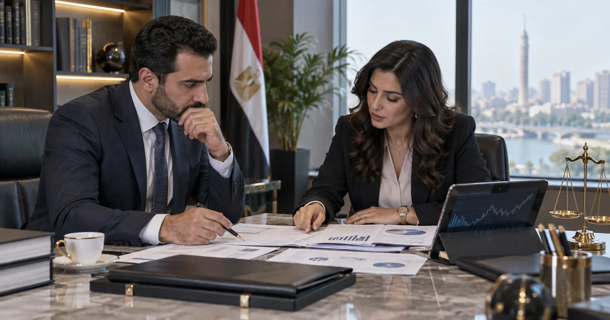 مستثمر يراجع مع مستشار قانوني مستندات طلب استرداد وثائق صندوق الاستثمار وبيانات التقييم والتنفيذ