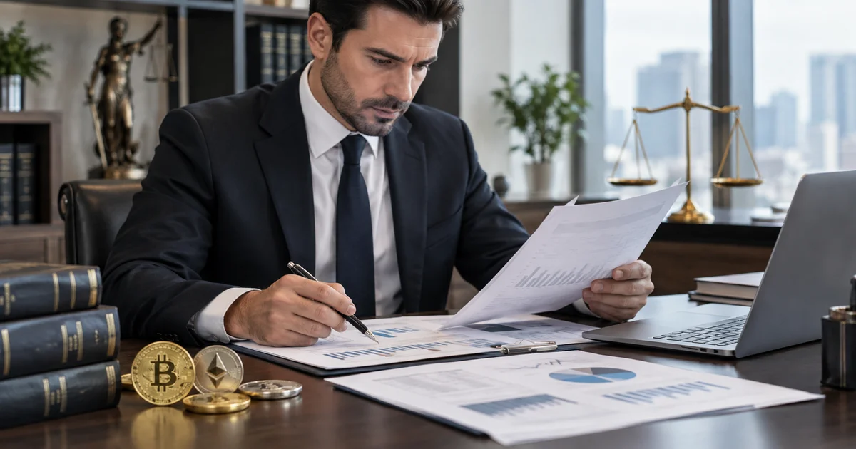 محامٍ يراجع مستندات مالية وتقارير مرتبطة بقضية عملات رقمية لبحث رفع التحفظ على الأموال